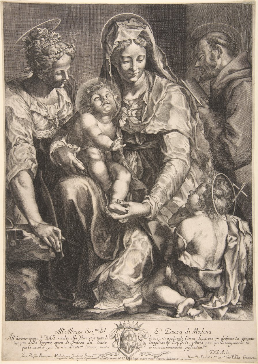 Virgen y Niño con Santa Catalina, Francisco de Asís y Juan el Bautista, mediados del siglo XVII de Giovanni Battista Bonacina