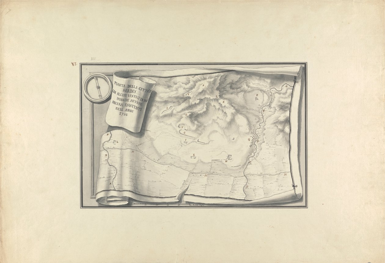 Plano de las ruinas de Sardis con vestigios de edificios antiguos que aún existían en 1750 de Giovanni Battista Borra