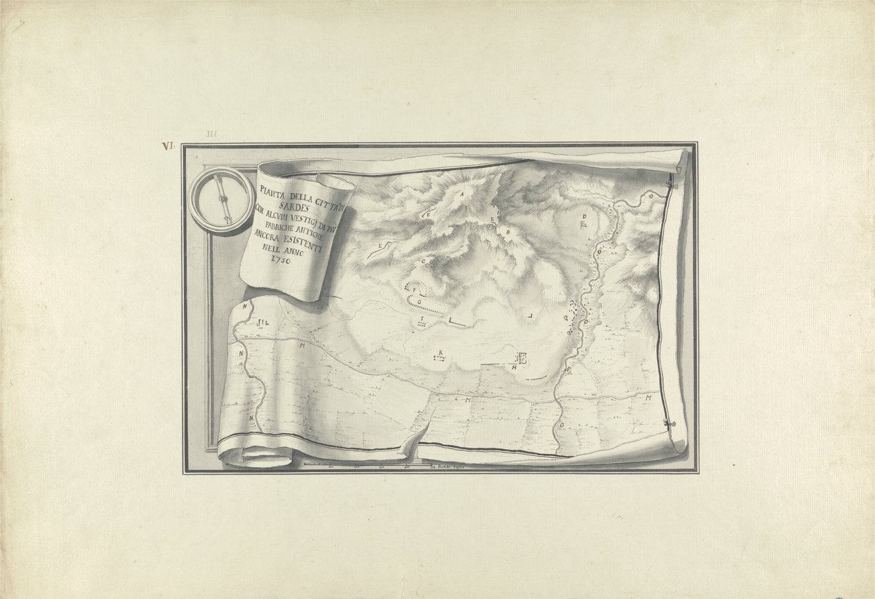 Plano de las ruinas en Sardis con vestigios de edificios antiguos aún existentes en 1750, c.1750 de Giovanni Battista Borra
