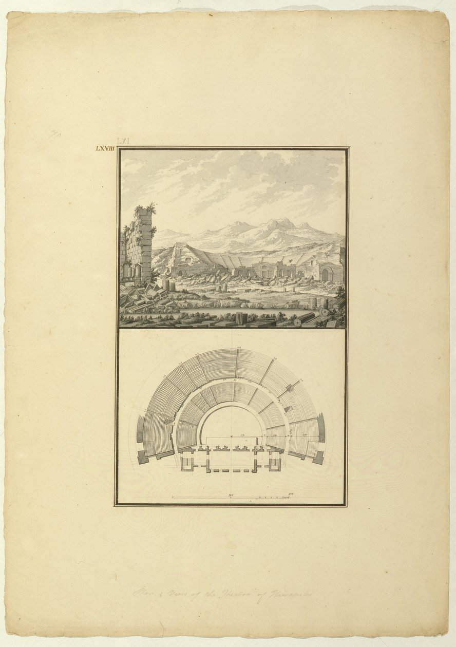 Vista y plano del teatro de Hierápolis (ahora Pamukkale), c.1750 de Giovanni Battista Borra