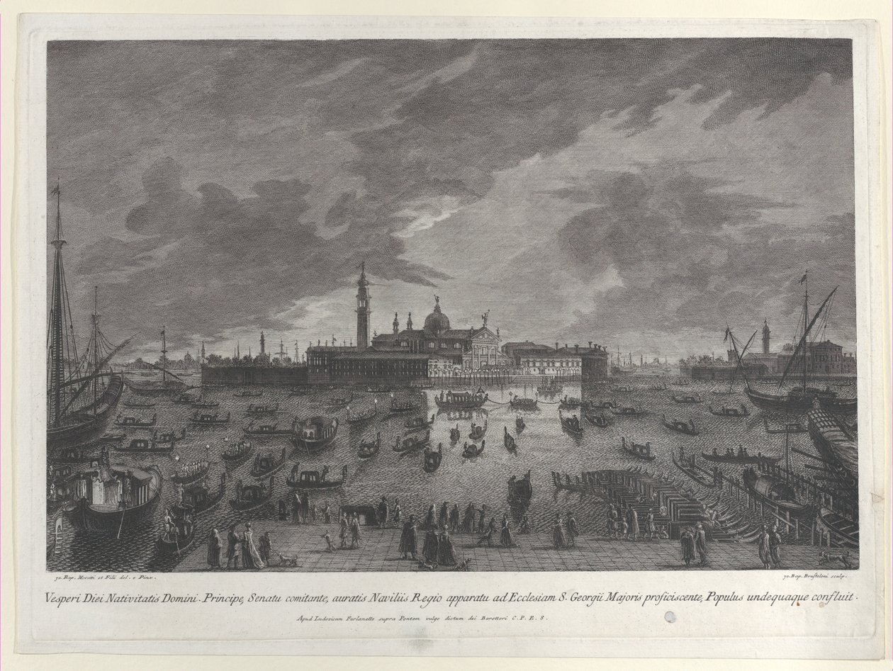 Vista nocturna de la procesión en Nochebuena del Dux y el Senado Veneciano a San G..., 1763 de Giovanni Battista Brostoloni