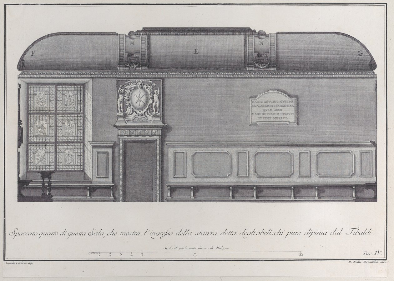 Placa 4: sección transversal del Salón del Instituto de Bolonia, con la entrada a la r..., 1756 de Giovanni Battista Brostoloni