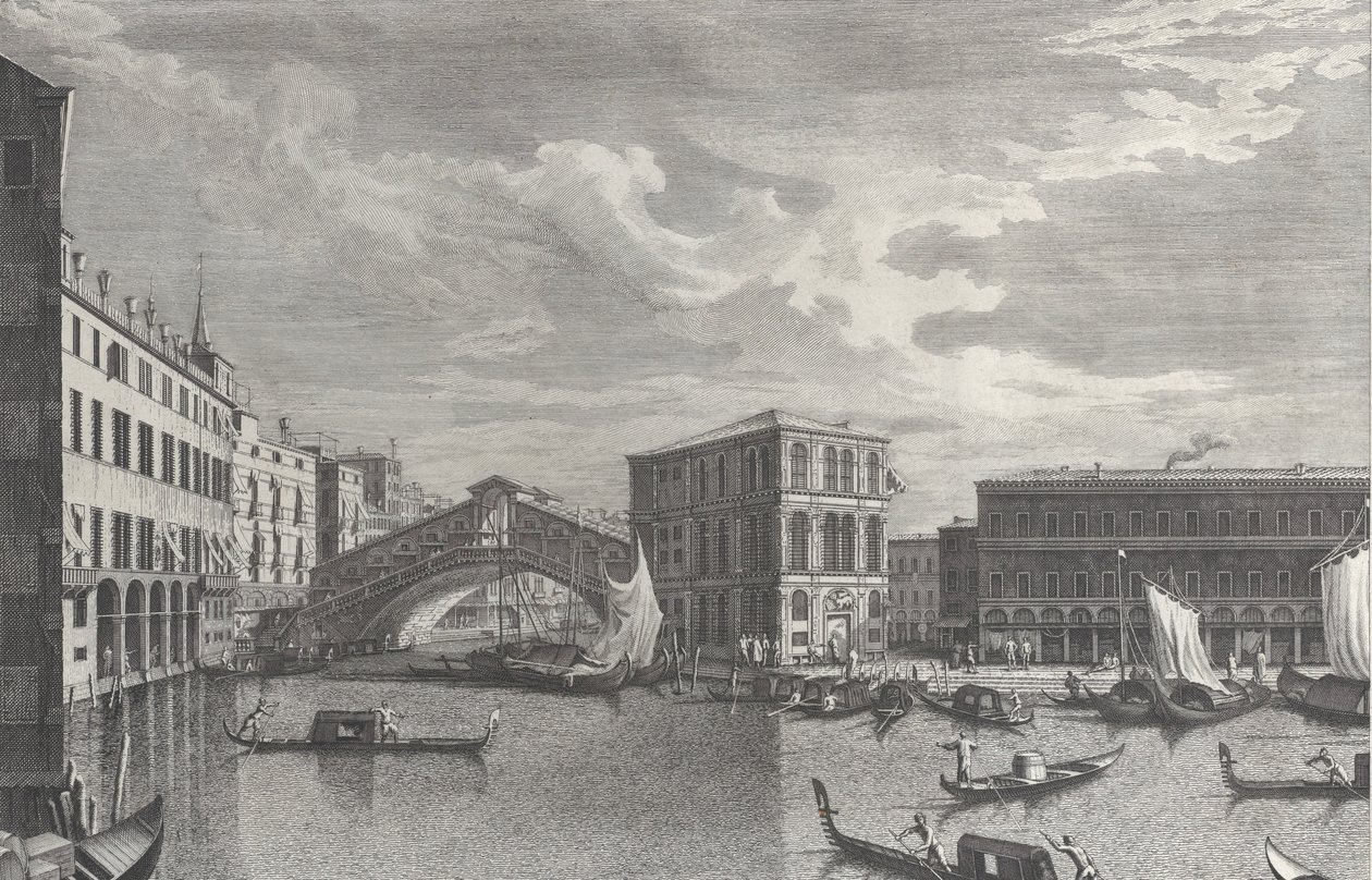 El Puente de Rialto, Venecia, con barcos y góndolas en el agua, 1763 de Giovanni Battista Brostoloni