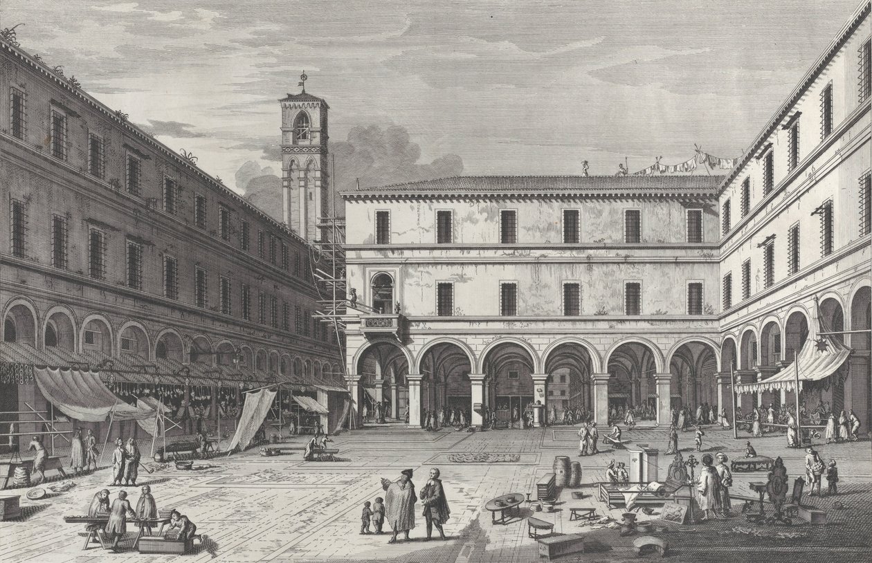 Vista de la plaza del mercado cerca de la iglesia de San Giacomo, 1763 de Giovanni Battista Brostoloni