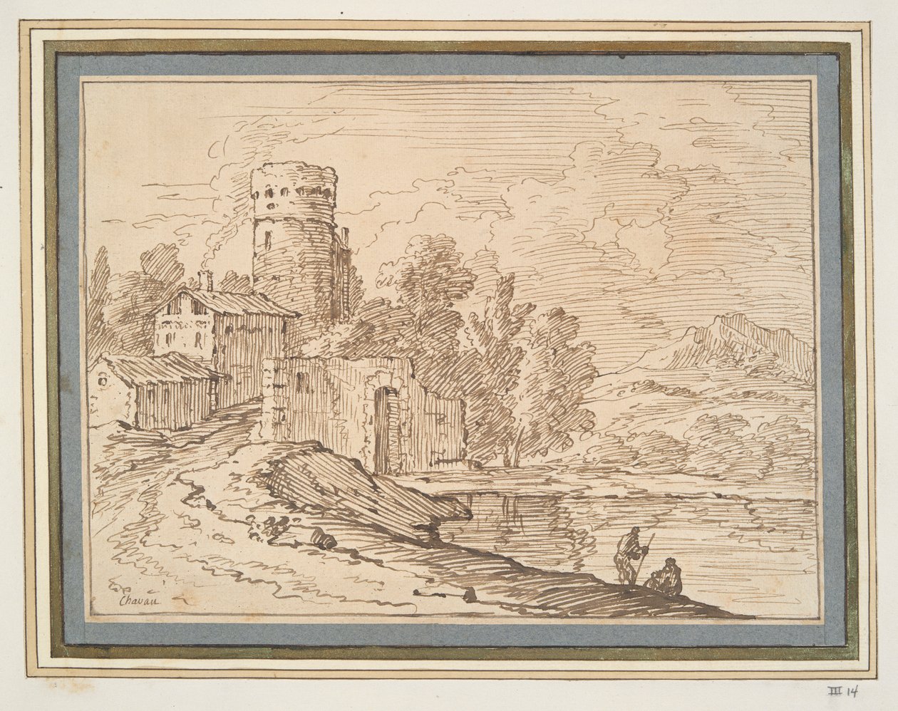 paisaje con castillo cerca del agua de Giovanni Battista Busiri
