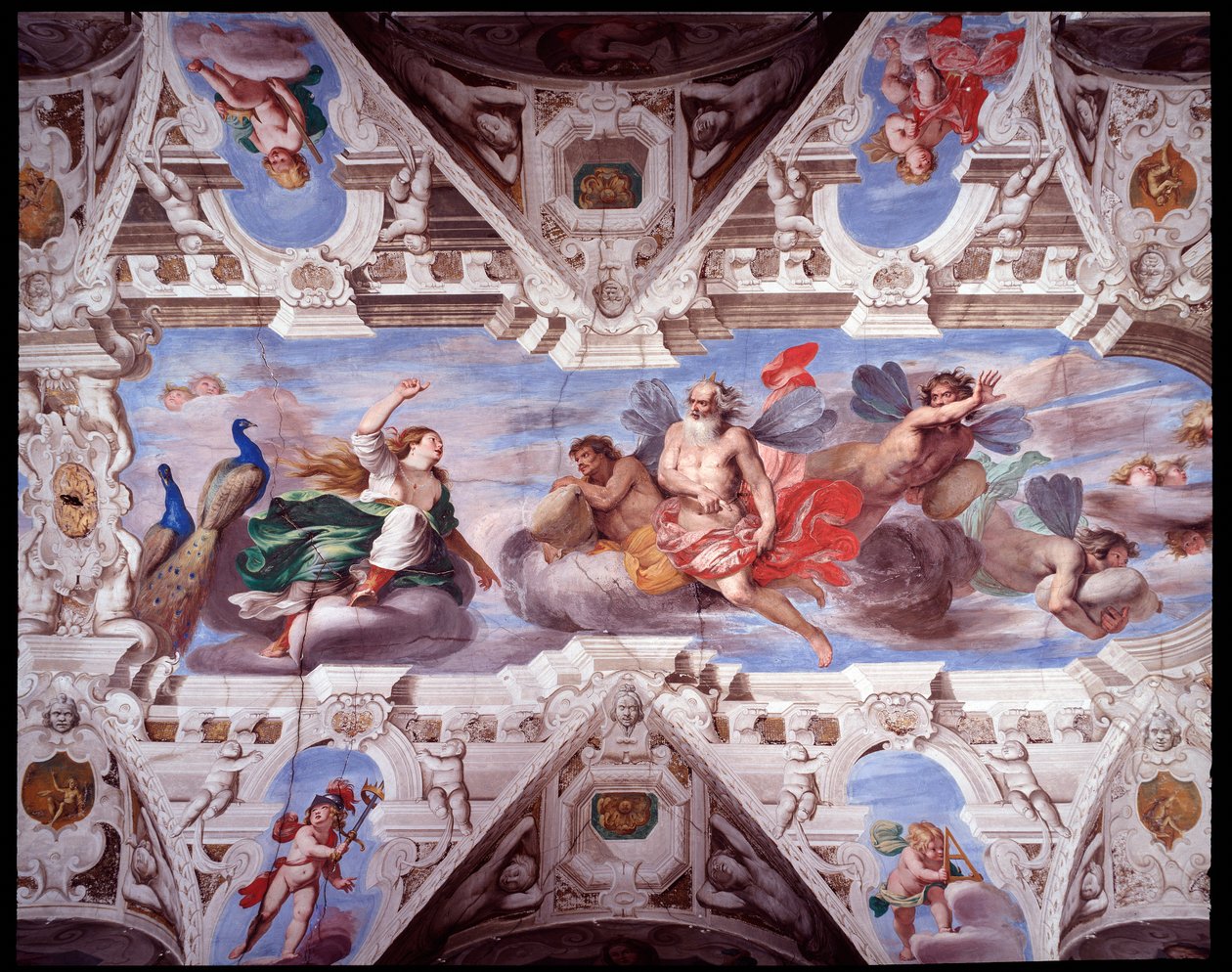 Juno pide a Eolo que impida el viaje de Eneas (fresco) de Giovanni Battista Carlone