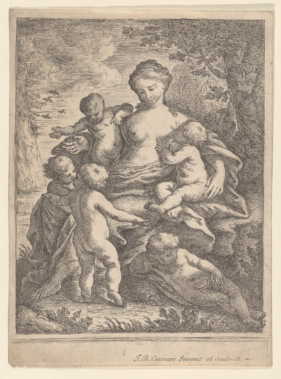 Caridad, Sentada en un Paisaje Rodeada de Cinco Niños Desnudos de Giovanni Battista Catenaro