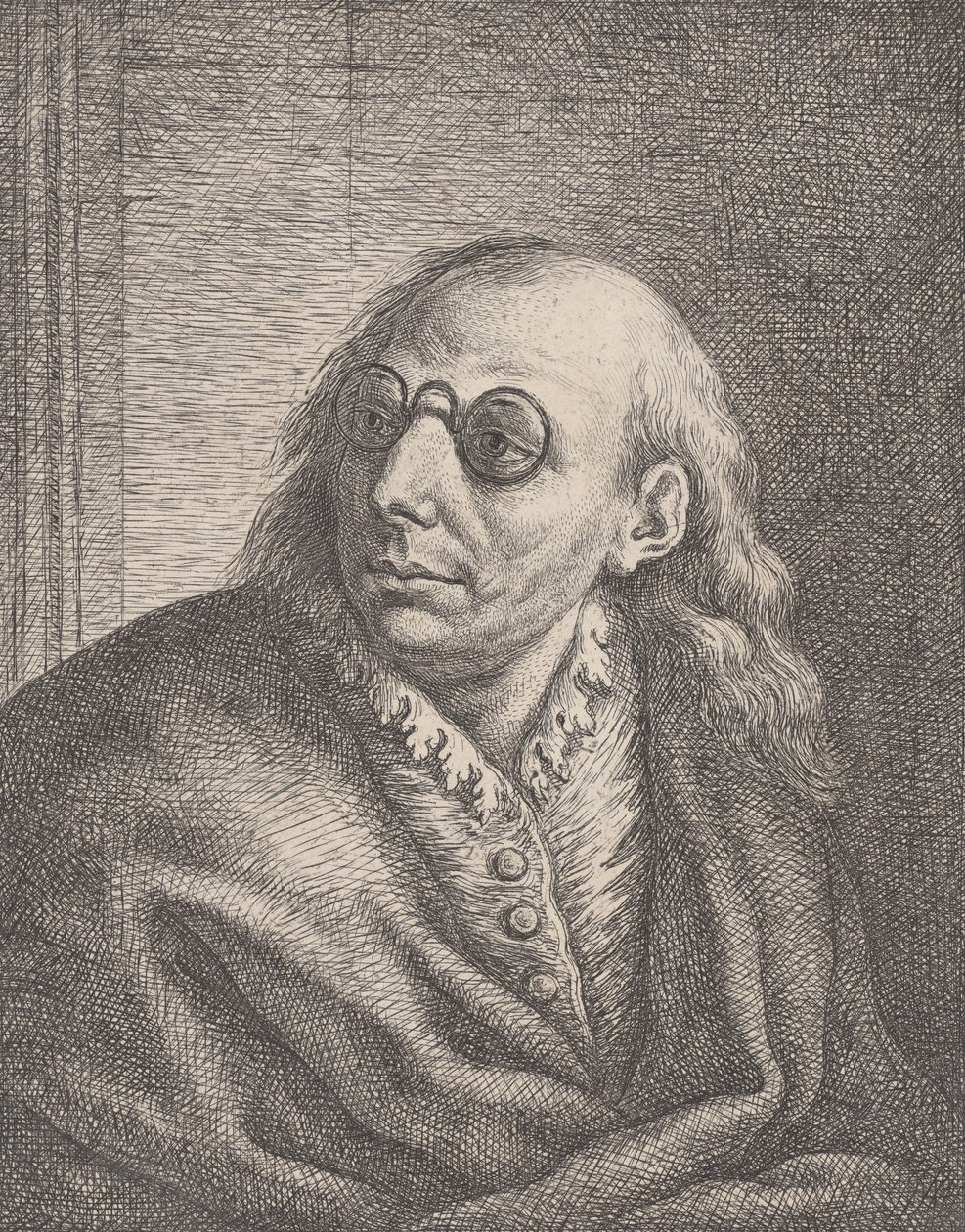 Retrato de Luca Giordano, con gafas redondas y mirando a la izquierda de Giovanni Battista Catenaro