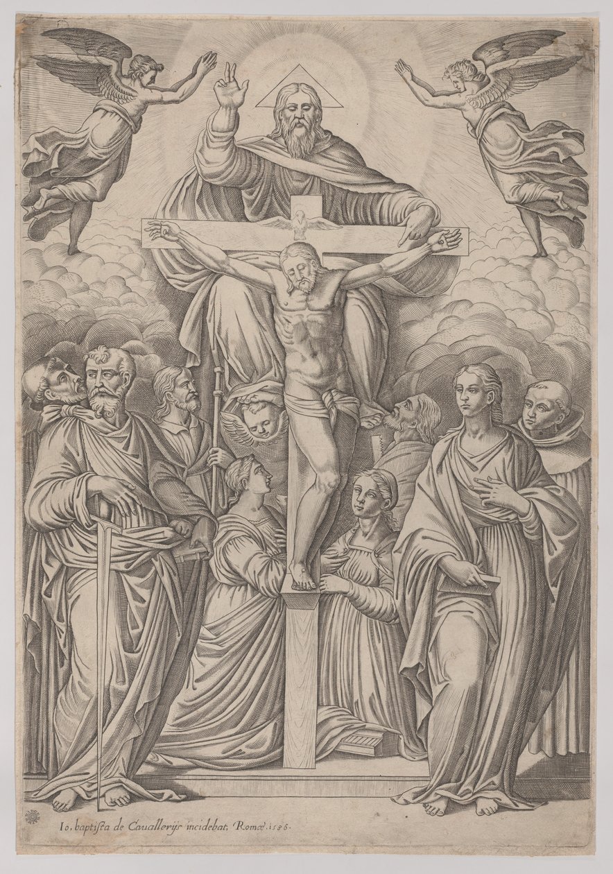 La Trinidad, con la crucifixión en el centro y santos a ambos lados, 1586 de Giovanni Battista Cavalieri
