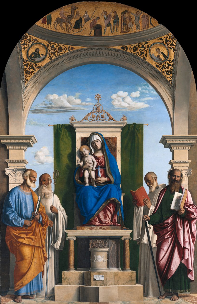Virgen entronizada con el Niño y los santos Pedro, Romualdo, Benito y Pablo de Giovanni Battista Cima da Conegliano