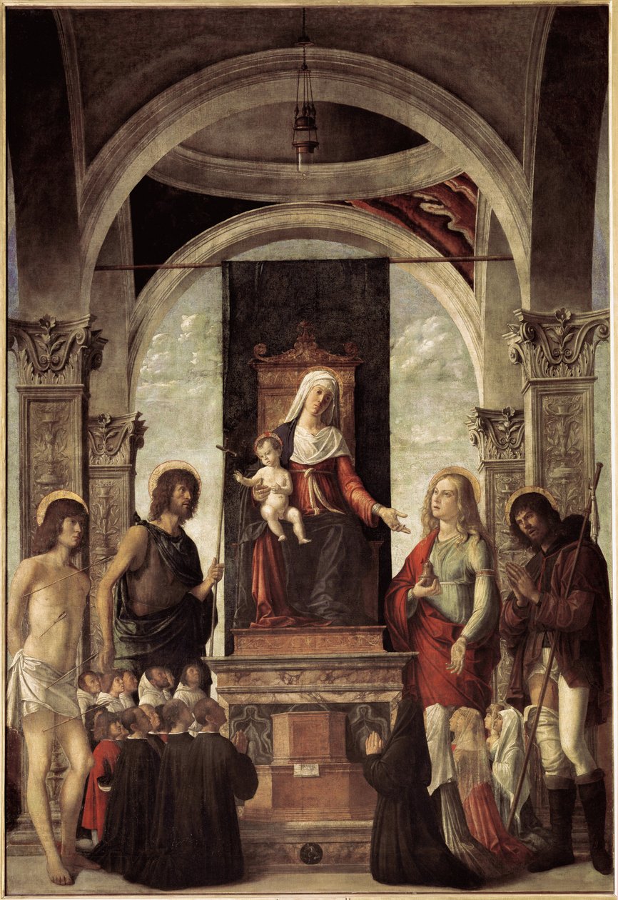 Santa conversación, virgen con niño rodeada de San Juan Bautista, San Sebastián, San Roque, Santa María Magdalena de Giovanni Battista Cima da Conegliano