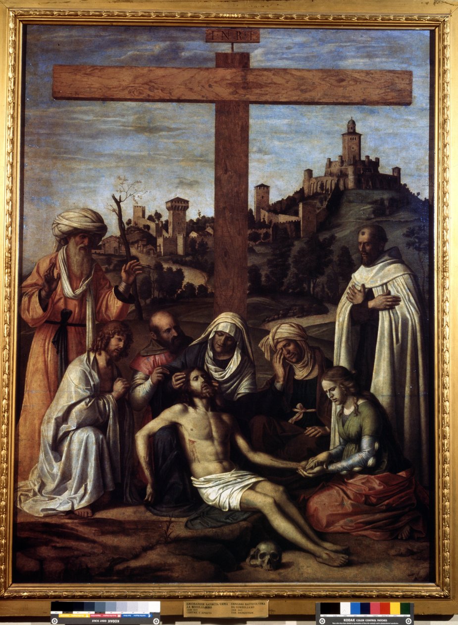 ""La deposición"" Inscripción ""INRI"" en la cruz. Pintura de Giovanni Battista Cima da Conegliano (alrededor de 1459-1517) Siglo XVI Dim. 199x148 cm Museo Pushkin, Moscú de Giovanni Battista Cima da Conegliano