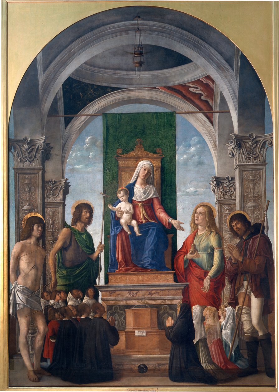 Madonna y Niño en el trono con San Sebastián, San Juan Bautista, Santa María Magdalena, San Roque y Miembros de la Cofradía de San Juan Evangelista de Giovanni Battista Cima da Conegliano