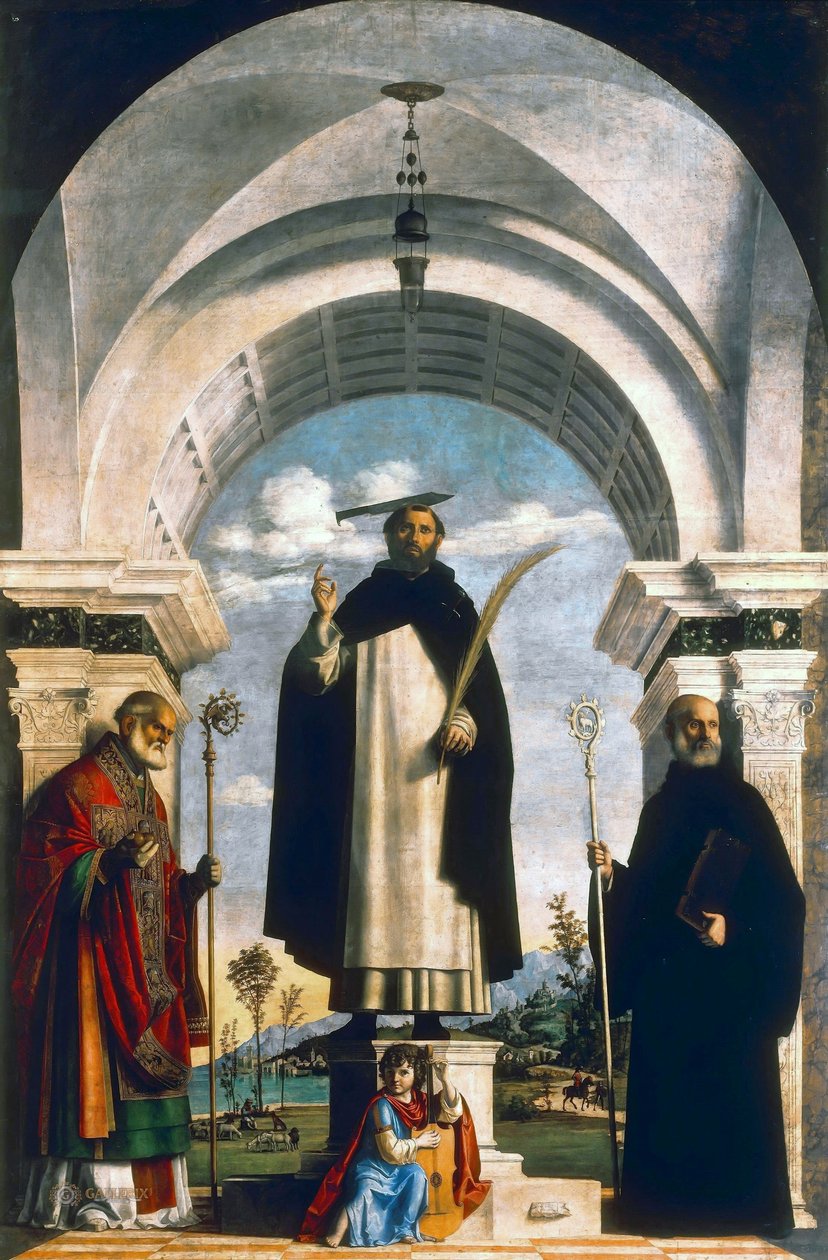 San Pedro Mártir con San Nicolás de Bari, San Benito y un ángel músico de Giovanni Battista Cima da Conegliano