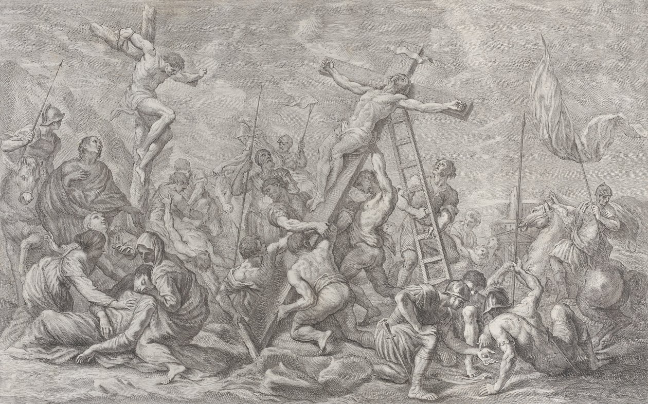 La crucifixión, con el descenso de la cruz en el centro, soldados por todas partes, y un ladrón, 1762 de Giovanni Battista Cipriani