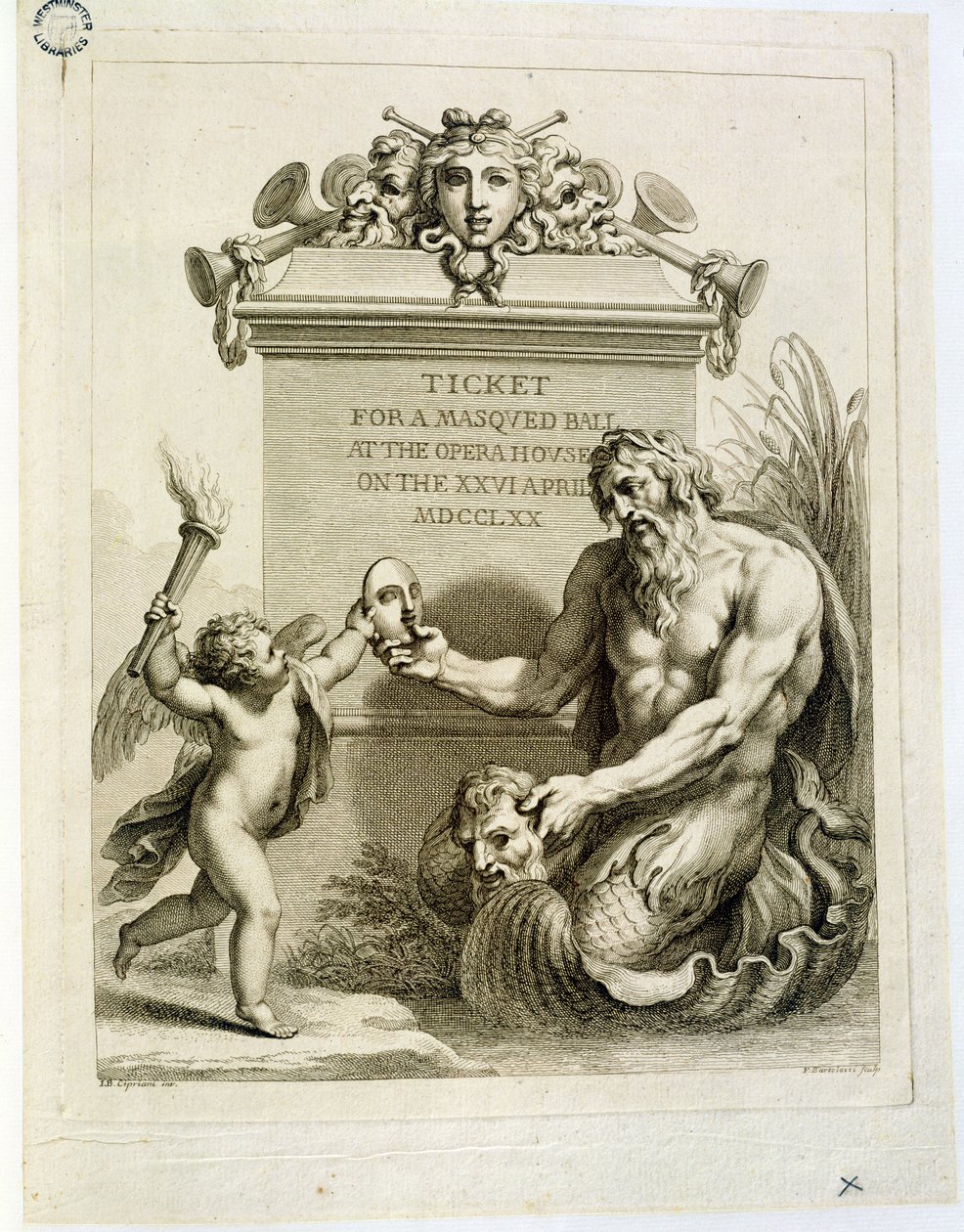 Entrada para un baile de máscaras en la Ópera el 26 de abril, grabado por Francesco Bartolozzi, 1770 de Giovanni Battista Cipriani