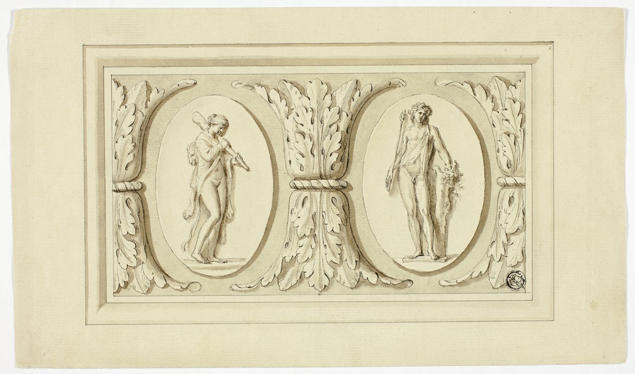 Dos medallones con Omphale y Baco de pie, separados por hojas de acanto de Giovanni Battista Cipriani