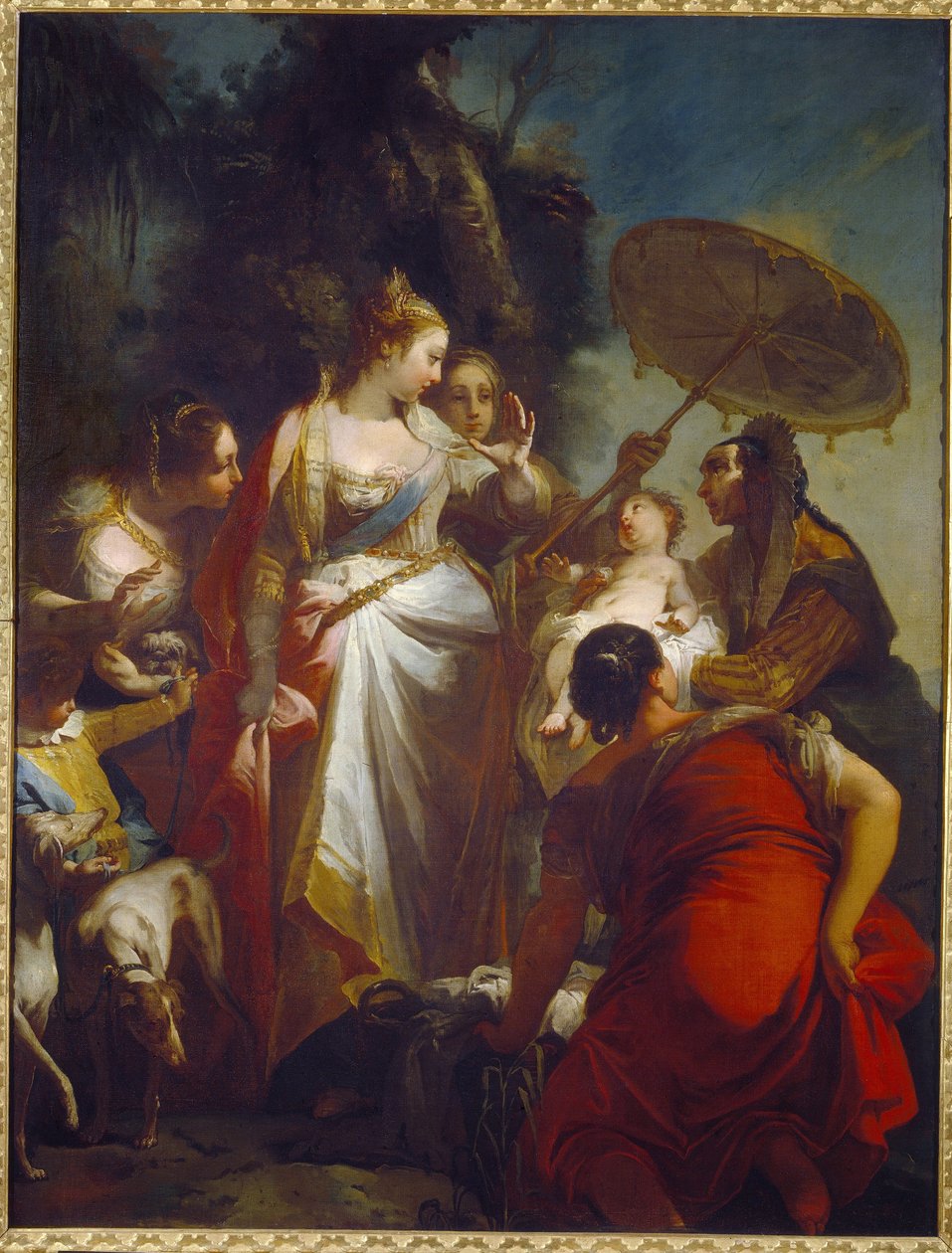 El descubrimiento de Moisés. (El Hallazgo de Moisés). La hija del faraón decide adoptar al nuevo que encuentra en una cesta cerca del Nilo (Egipto). Pintura de Giovanni Battista Crosato (hacia 1697-1758), óleo sobre lienzo, hacia 1730. Arte italiano (Venec de Giovanni Battista Crosato