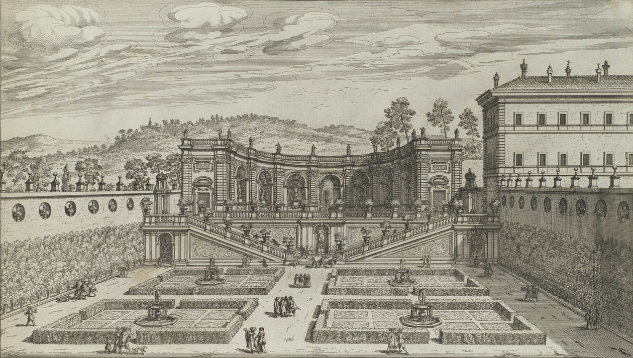 Otra vista en perspectiva del teatro y jardín contiguo de Mondragone en Frascati, 1691 o después de Giovanni Battista Falda