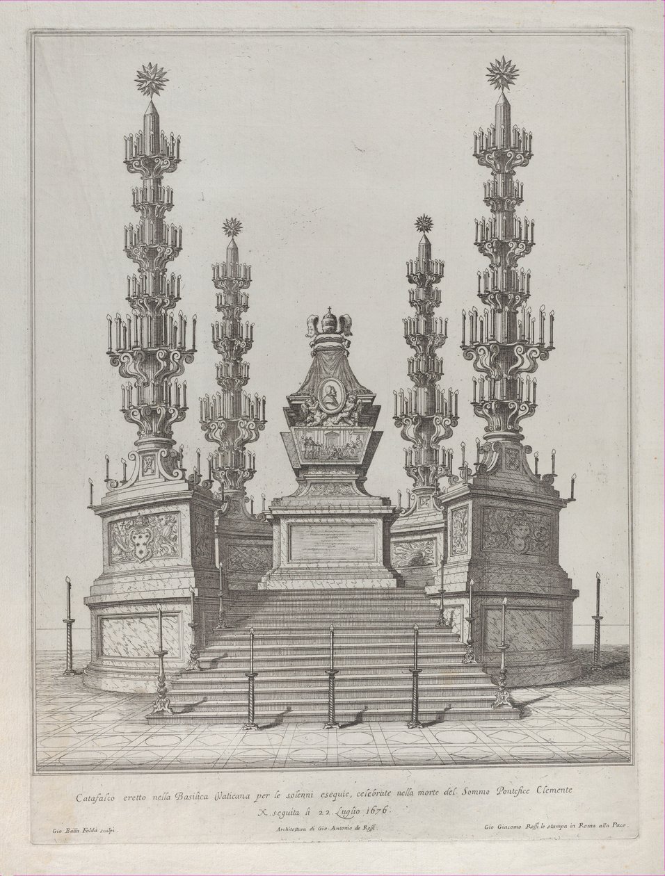 Catafalco para el Papa Clemente X: una estructura central elevada sobre una plataforma de 15 escalones, 1676 de Giovanni Battista Falda