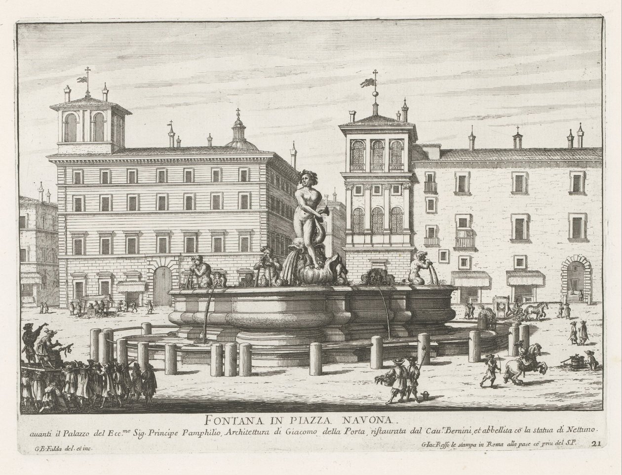 Fontana del Moro en Piazza Navona en Roma Fuente en Piazza Navona (título sobre objeto) Fuentes de Roma (título de la serie) Fonteinen van Rome (título de la serie) de Giovanni Battista Falda