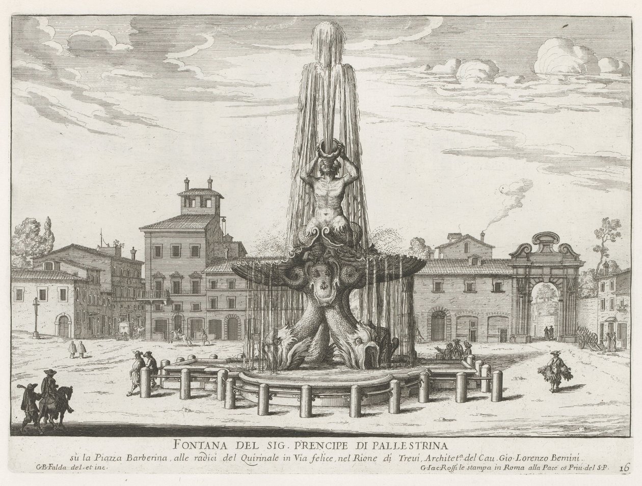 Fuente del Tritón en la Piazza Barberini de Roma Fuente del Sr. Prencipe di Pallestrina (título sobre objeto) Fuentes de Roma (título de la serie) Fonteinen van Rome (título de la serie) de Giovanni Battista Falda