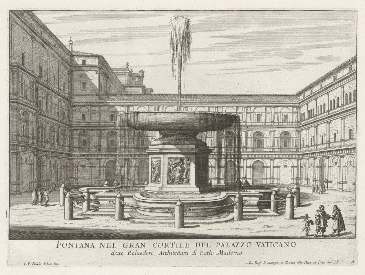Fontein in de Cortile del Belvedere en het Vaticaan Fuente en el gran patio del Palacio Vaticano (título sobre objeto) Fuentes de Roma (título de la serie) Fonteinen van Rome (título de la serie) de Giovanni Battista Falda