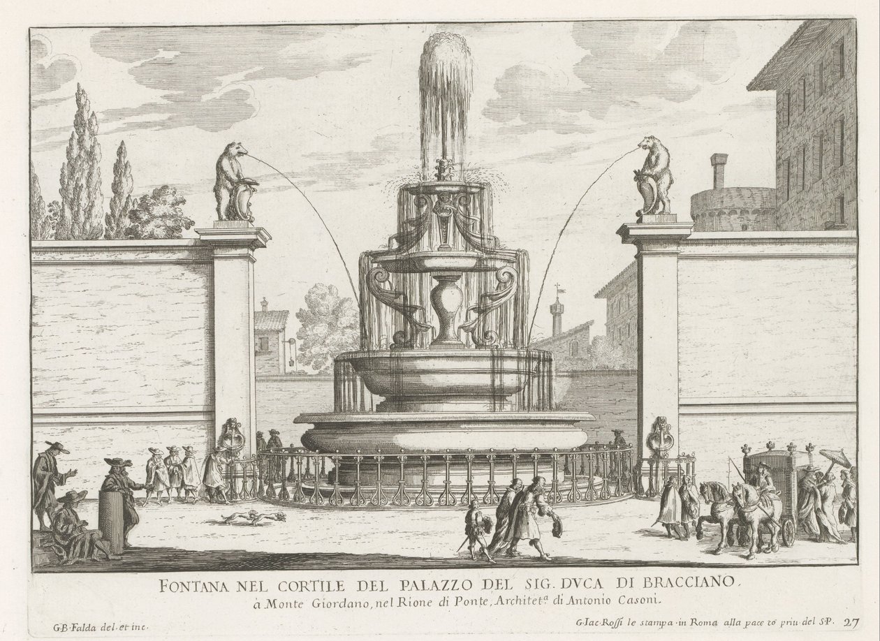 Fontein in de binnenplaats van Palazzo Taverna te Rome Fuente en el patio del Sr. duque de Bracciano (título sobre objeto) Fuentes de Roma (título de la serie) Fonteinen van Rome (título de la serie) de Giovanni Battista Falda