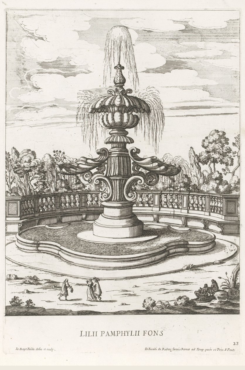 Fuente en los jardines de Villa Doria Pamphilj en Roma Lilii Pamphylii fons (título sobre el objeto) Le fontane ne palazzi e ne giardini di Roma (título de la serie) Fuentes en los Palacios y Jardines de Roma (título de la serie) de Giovanni Battista Falda