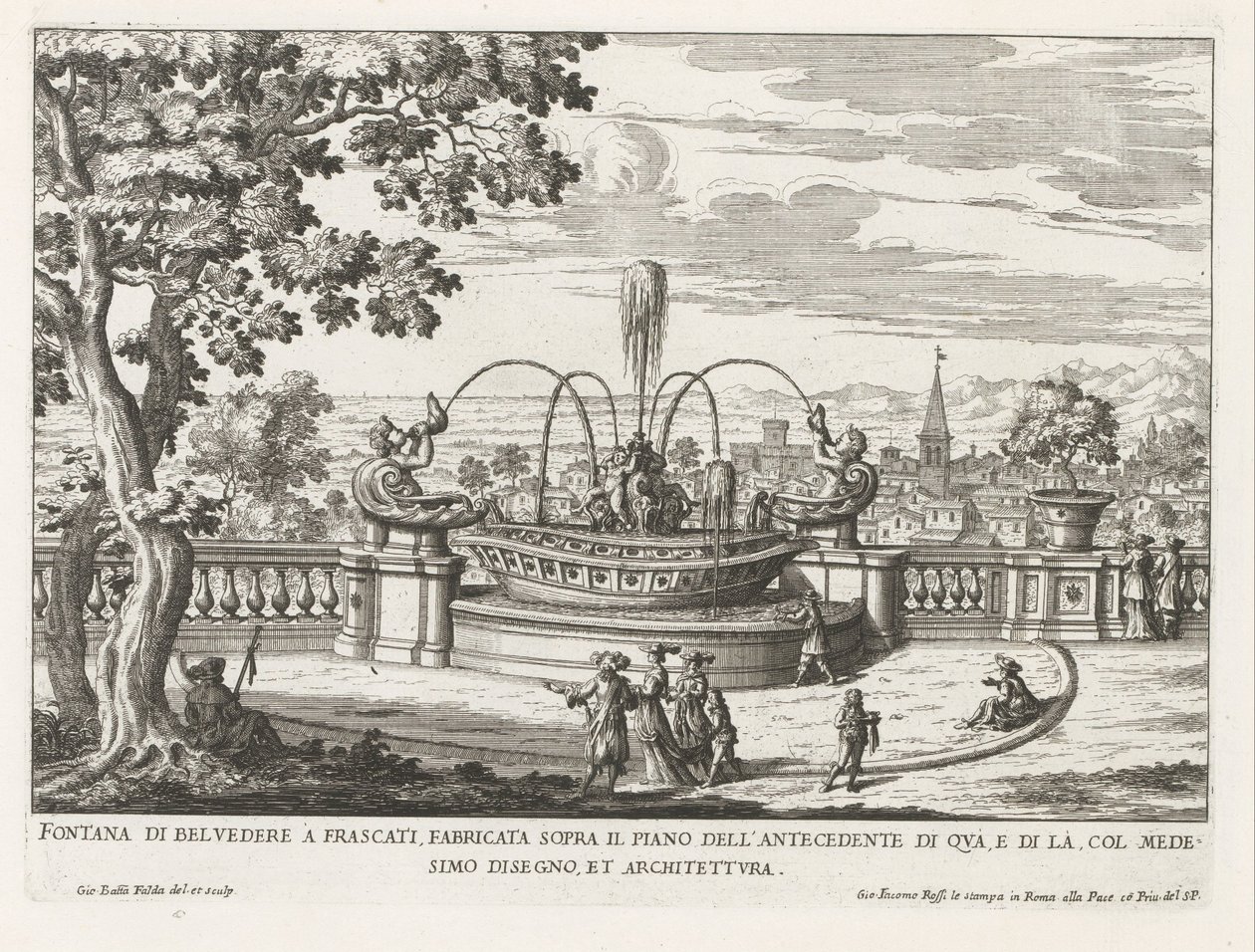 Fontein in de tuinen van de Villa Aldobrandini te Frascati Fuente Belvedere en Frascati, construida sobre el nivel del antecedente de este lado (...) (título sobre objeto) Fuentes de las villas de Frascati (título de la serie) Fonteinen van Frascati (títul de Giovanni Battista Falda