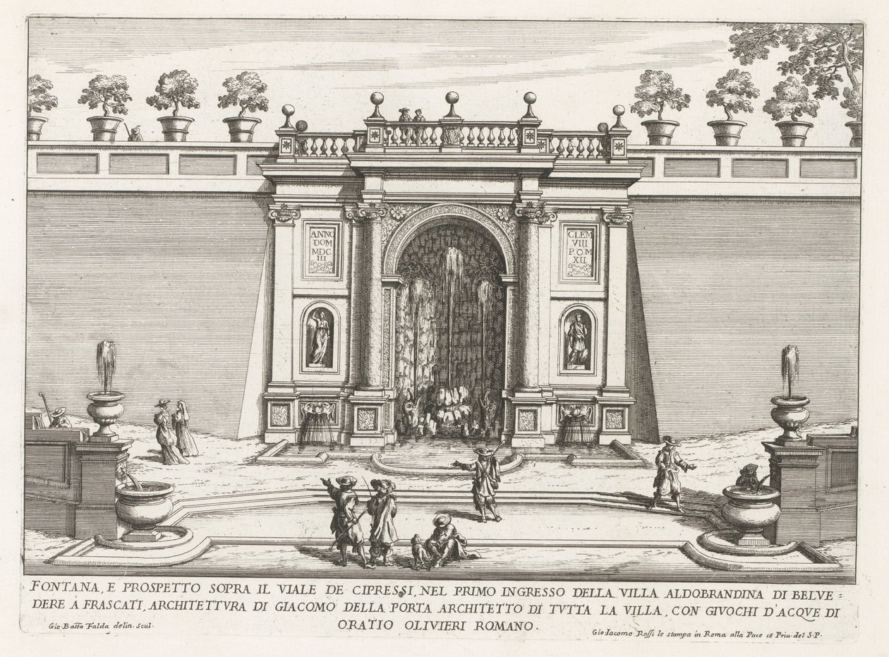 Fontein in de tuinen van de Villa Aldobrandini te Frascati Fuente y elevación sobre la avenida de los cipreses (...) (título sobre objeto) Fuentes de las villas de Frascati (título de la serie) Fonteinen van Frascati (título de la serie) de Giovanni Battista Falda