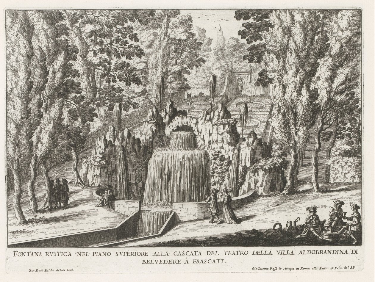 Fontein in de tuinen van de Villa Aldobrandini te Frascati Fuente rústica en el piso superior en la cascada del teatro (...) (título sobre objeto) Fuentes de las villas de Frascati (título de la serie) Fonteinen van Frascati (título de la serie) de Giovanni Battista Falda