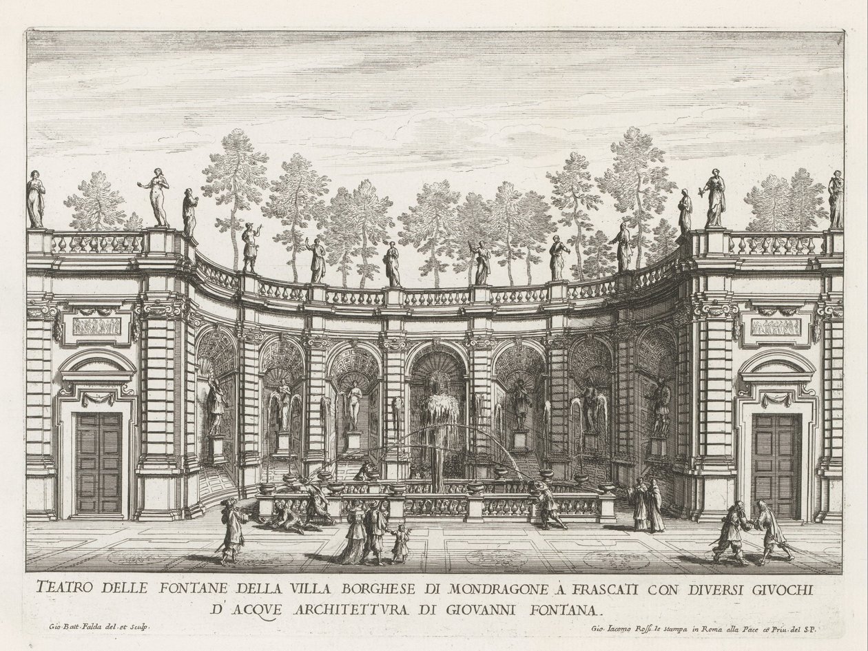 Fontein in de tuinen van de Villa Mondragone te Frascati Teatro de las fuentes de la Villa Borghese de Mondragone en Frascati (...) (título sobre objeto) Fuentes de las villas de Frascati (título de la serie) Fonteinen van Frascati (título de la serie) de Giovanni Battista Falda
