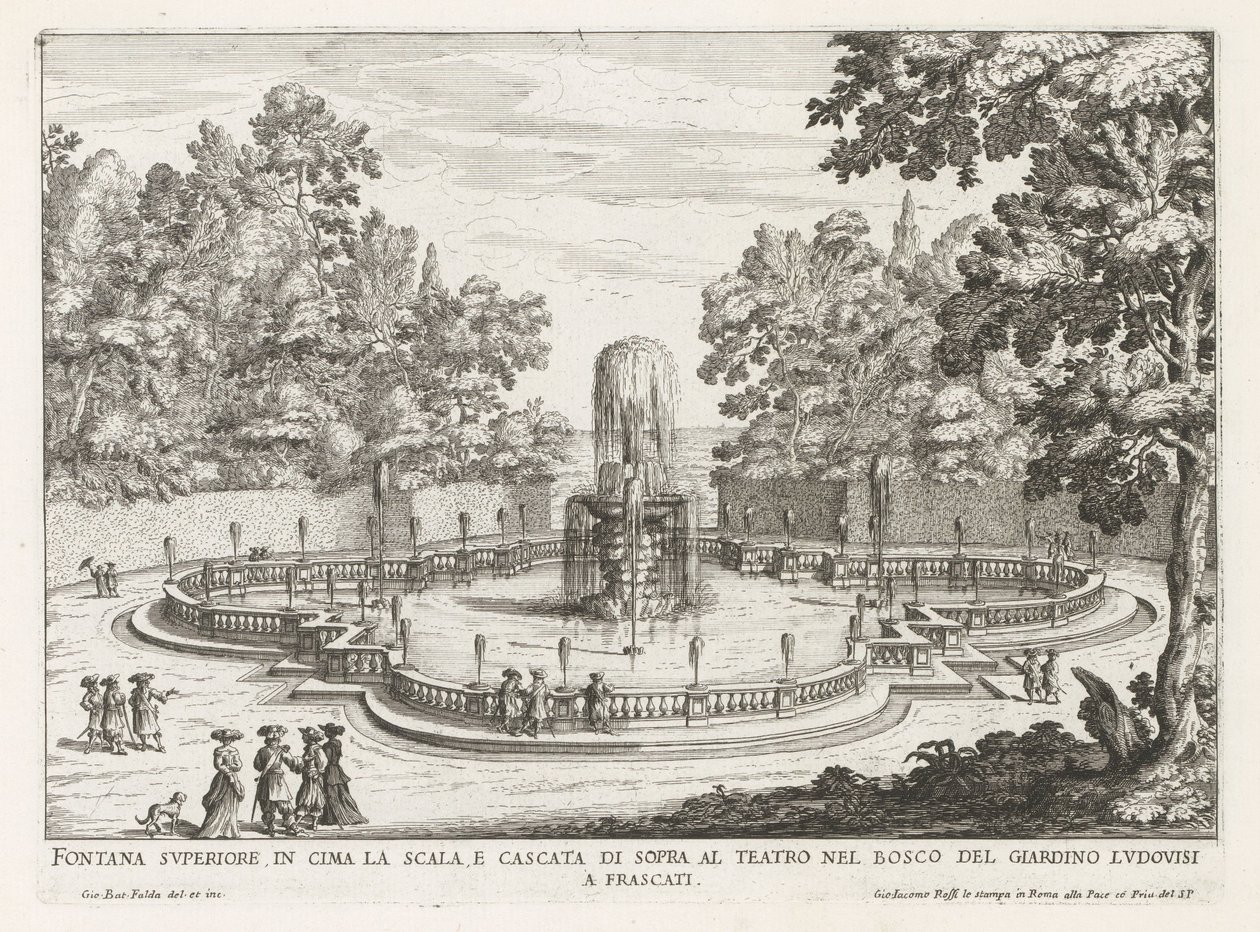 Fontein in de tuinen van de Villa Torlonia te Frascati Fuente superior en lo alto de la escalera y cascada sobre el teatro (...) (título sobre objeto) Fuentes de las villas de Frascati (título de la serie) Fonteinen van Frascati (título de la serie) de Giovanni Battista Falda
