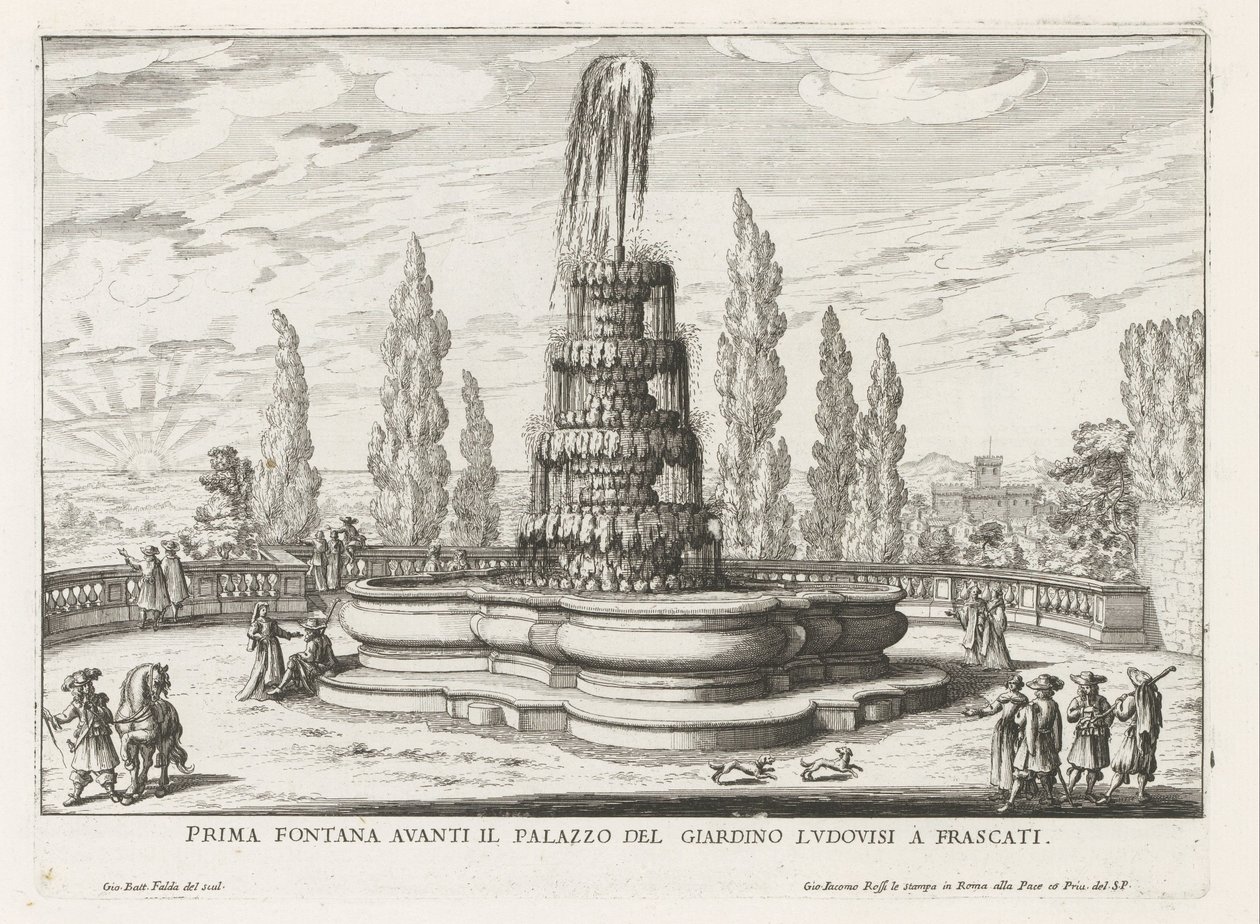 Fontein in de tuinen van de Villa Torlonia te Frascati Primera fuente frente al Palazzo del Giardino Ludovisi en Frascati (título sobre el objeto) Fuentes de las villas de Frascati (título de la serie) Fonteinen van Frascati (título de la serie) de Giovanni Battista Falda