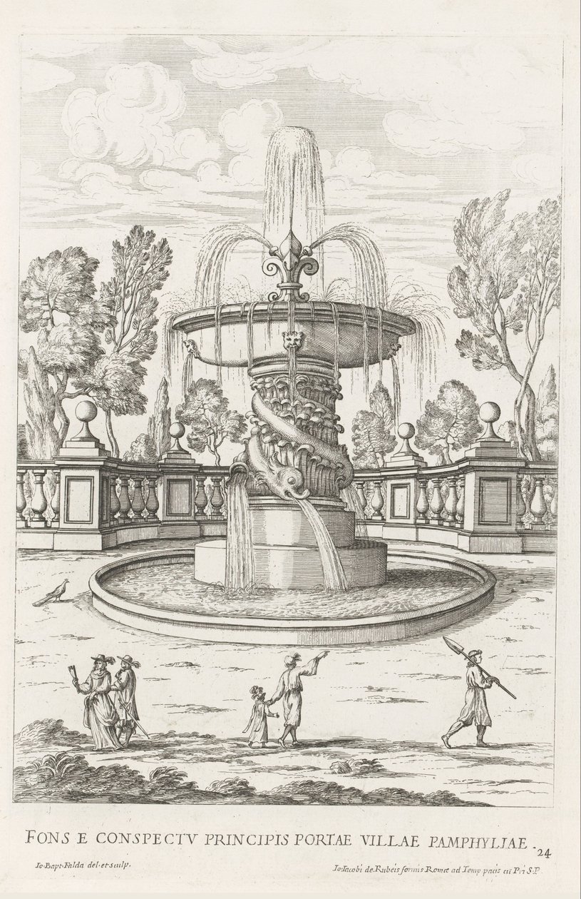 Fontein conoció a dolfijnen in de tunen van Villa Doria Pamphilj te Rome La fuente frente a la puerta principal de la Villa Panfilia (título sobre el objeto) Le fontane ne palazzi e ne giardini di Roma (título de la serie) Fonteinen in de paleizen en tuine de Giovanni Battista Falda