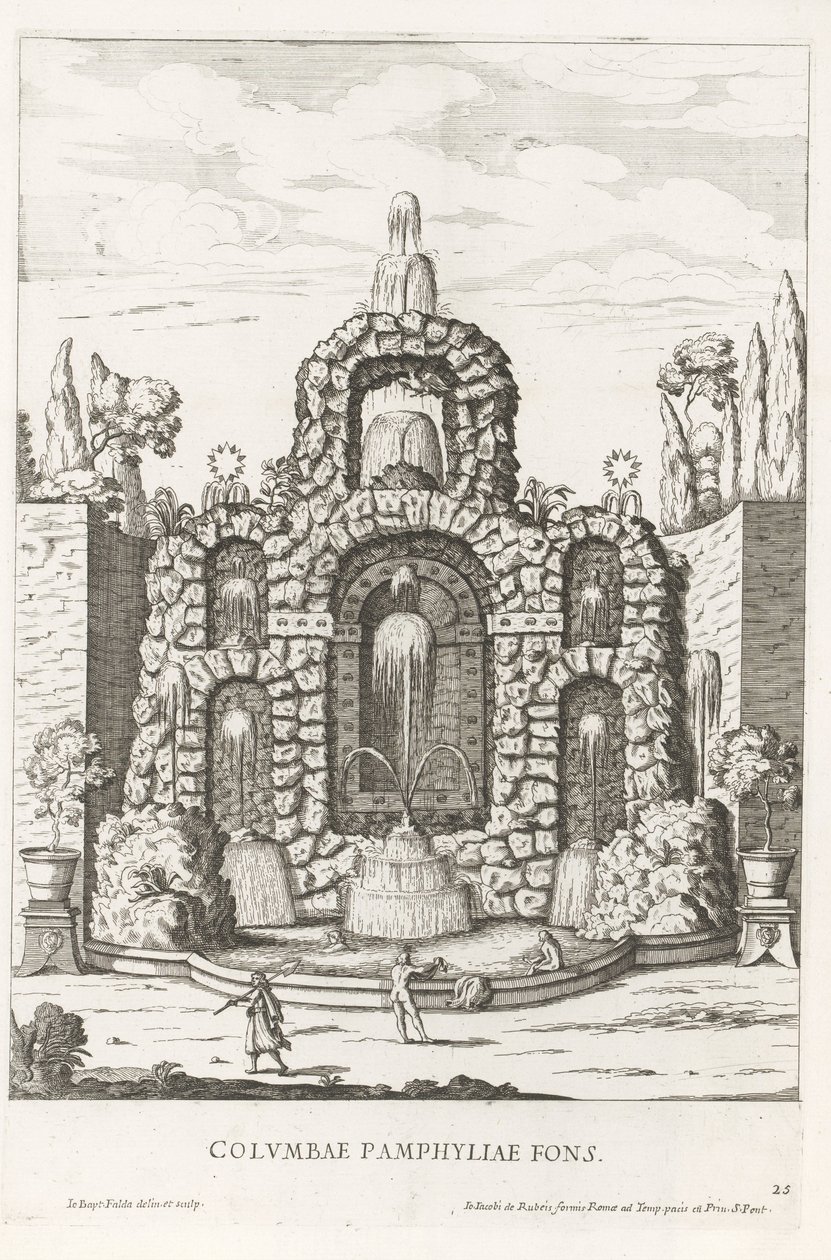 Fuente con palomas en los jardines de Villa Doria Pamphilj en Roma Columbae Pamphyliae fons (título del objeto) Le fontane ne palazzi e ne giardini di Roma (título de la serie) Fuentes en los Palacios y Jardines de Roma (título de la serie) de Giovanni Battista Falda