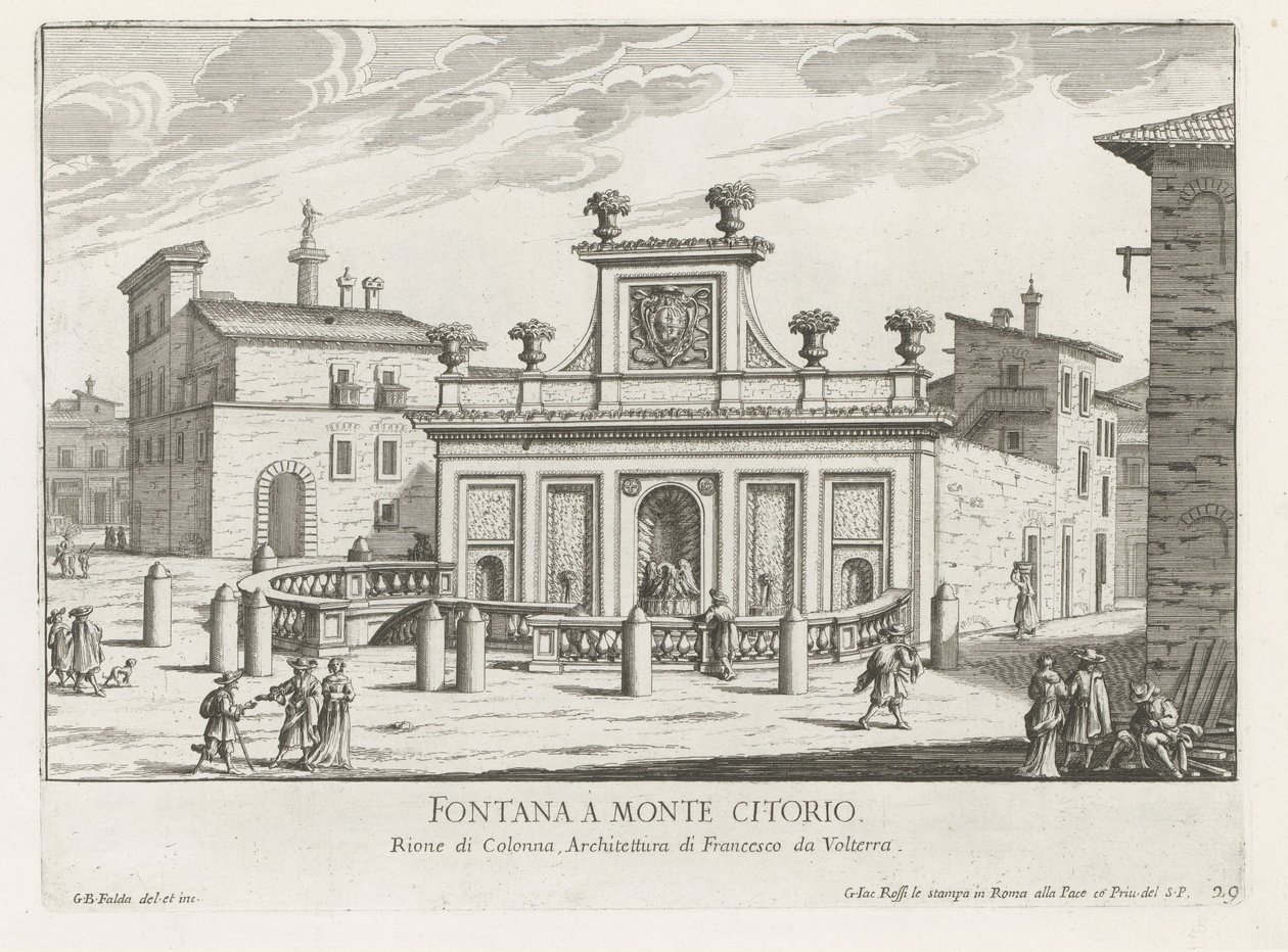 Fontein op Piazza Montecitorio te Roma Fontana a Monte Citorio (título sobre objeto) Fontane di Roma (título de la serie) Fonteinen van Rome (título de la serie) de Giovanni Battista Falda