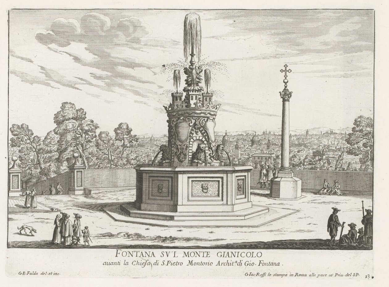 Fontein op Piazza San Pietro in Montorio op de Janiculumberg te Rome Fuente en el monte Gianicolo (título sobre el objeto) Fuentes de Roma (título de la serie) Fonteinen van Rome (título de la serie) de Giovanni Battista Falda