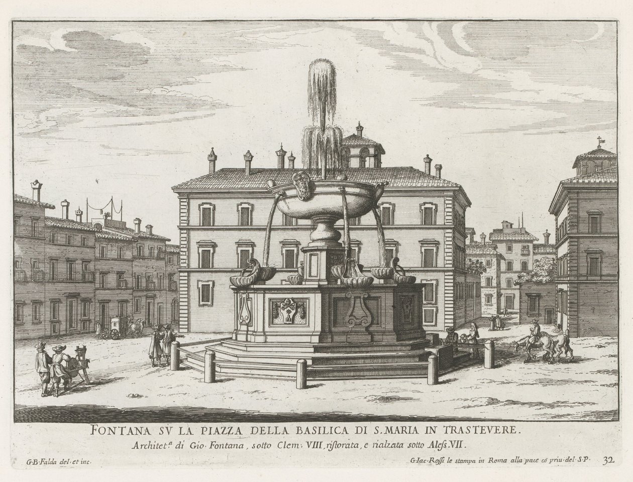 Fontein op Piazza Santa Maria en Trastevere Fuente en la plaza de la Basílica de S. Maria in Trastevere (título sobre objeto) Fuentes de Roma (título de la serie) Fonteinen van Rome (título de la serie) de Giovanni Battista Falda