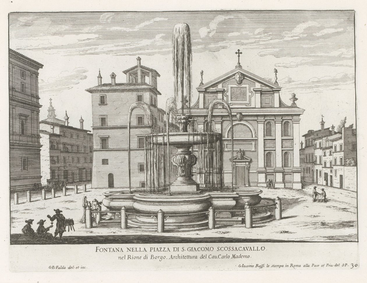 Fontein op Piazza Scossacavalli te Roma Fuente en la Piazza di S. Giacomo Scossacavallo (título sobre objeto) Fuentes de Roma (título de la serie) Fonteinen van Rome (título de la serie) de Giovanni Battista Falda