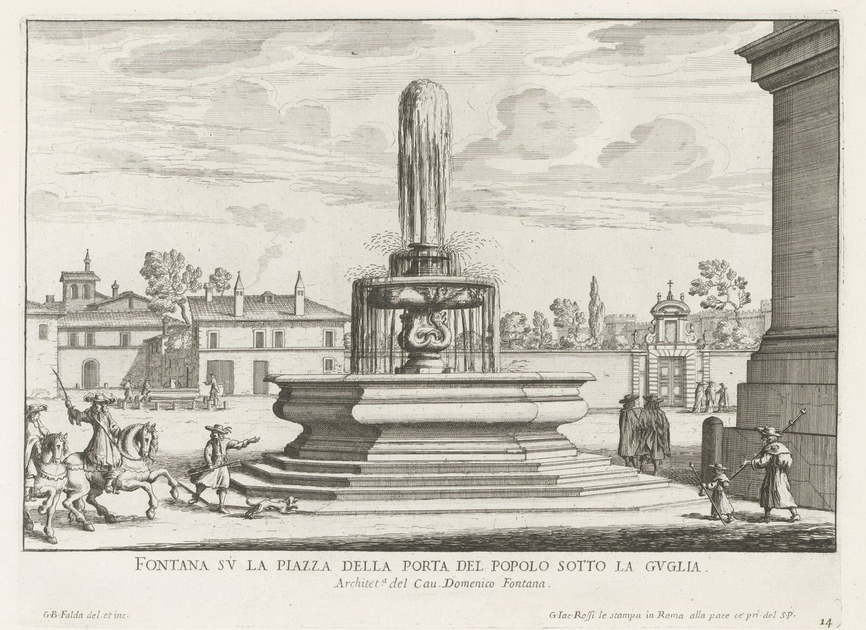 Fontein op Piazza del Popolo te Roma Fuente en la Piazza della Porta del Popolo debajo de la aguja (título sobre el objeto) Fuentes de Roma (título de la serie) Fonteinen van Rome (título de la serie) de Giovanni Battista Falda