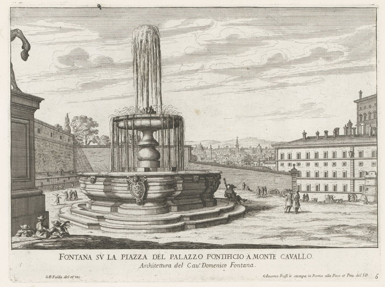 Fontein op Piazza del Quirinale te Rome Fuente en la plaza del Palacio Papal en Monte Cavallo (título sobre objeto) Fuentes de Roma (título de la serie) Fonteinen van Rome (título de la serie) de Giovanni Battista Falda
