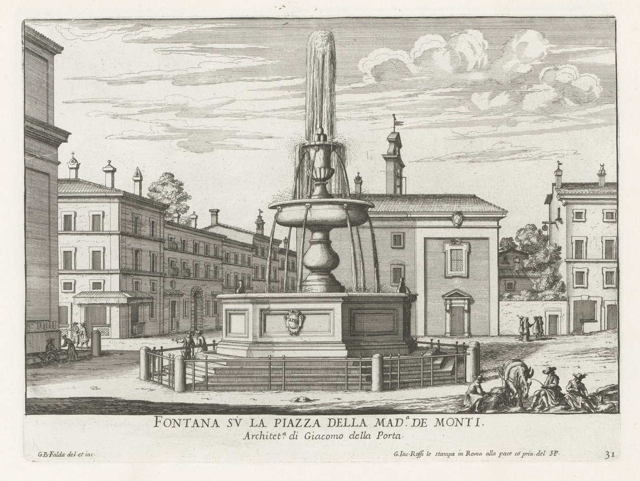 Fontein op Piazza della Madonna dei Monti te Roma Fuente en la Piazza della Mad.a de Monti (título sobre objeto) Fuentes de Roma (título de la serie) Fonteinen van Rome (título de la serie) de Giovanni Battista Falda