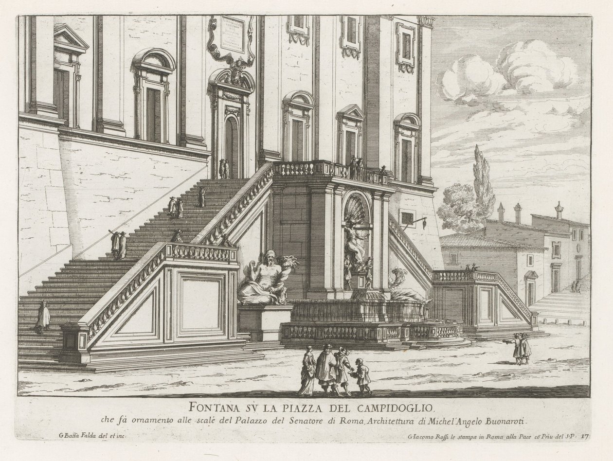 Fuente frente al Palazzo Senatorio en el Capitolio de Roma Fontana su la Piazza del Campidoglio (título sobre objeto) Fontane di Roma (título de la serie) Fuentes de Roma (título de la serie) de Giovanni Battista Falda