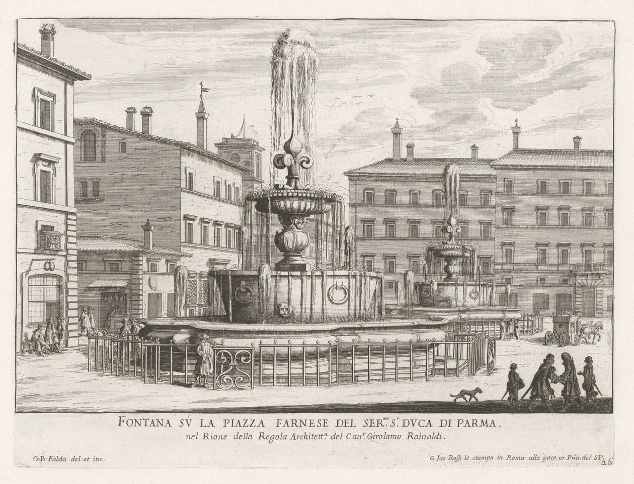 Fonteinen op Piazza Farnese te Roma Fuente en la Piazza Farnese del ser.mo s.r Duca di Parma (título sobre objeto) Fuentes de Roma (título de la serie) Fonteinen van Rome (título de la serie) de Giovanni Battista Falda