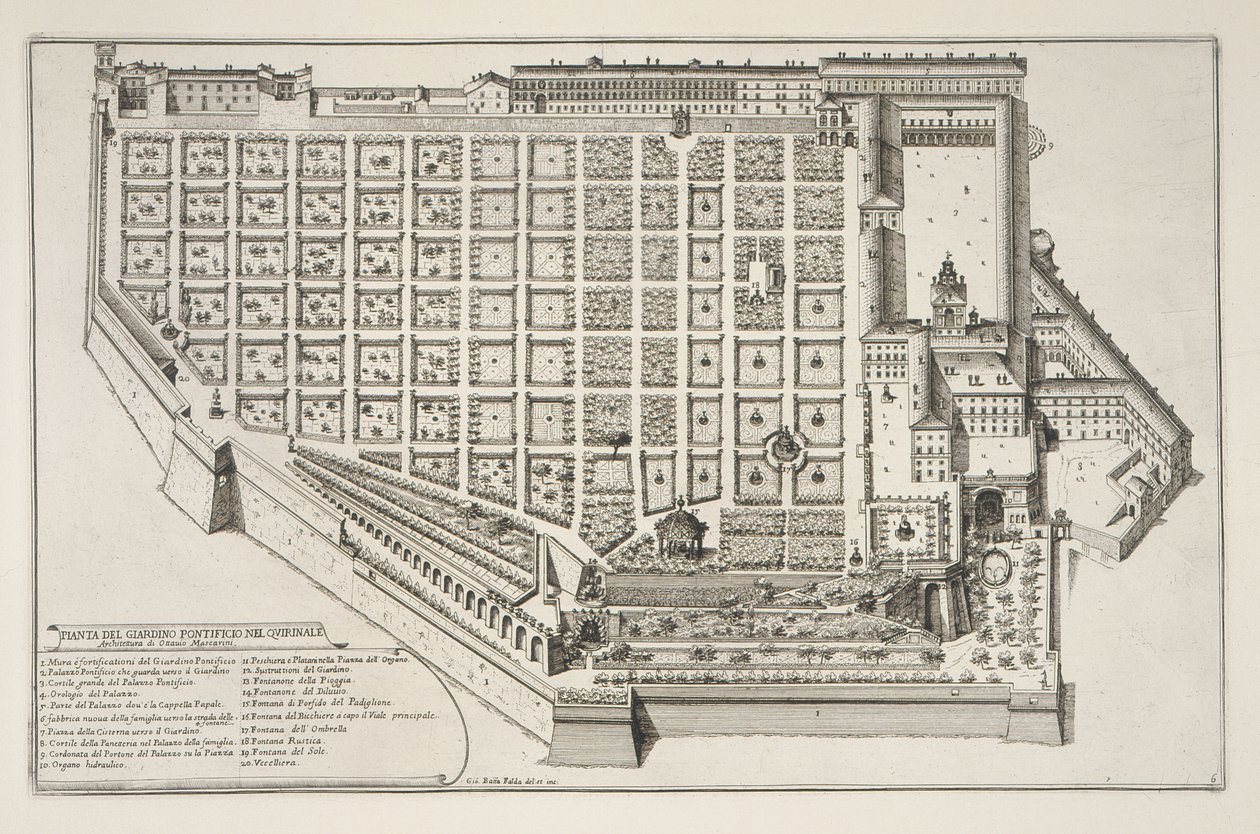 Jardín Papal y Palacio del Quirinal, de Il Nuovo Teatro della Fabriche et Edifici in Prospettiva di Roma Moderna, publicado c.1665-69 de Giovanni Battista Falda