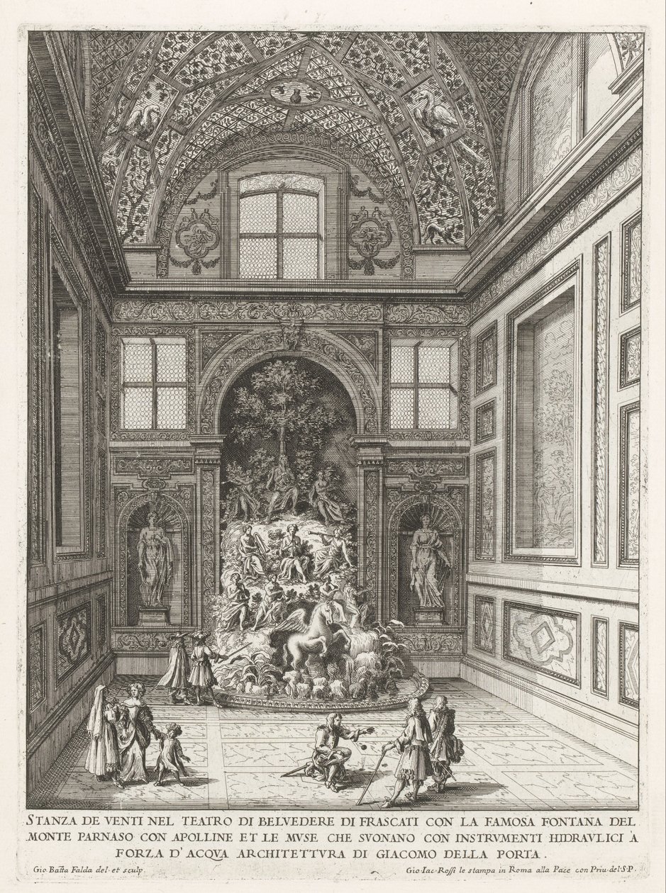 Sala de los Vientos en de tuinen van de Villa Aldobrandini te Frascati Sala de veinte en el Teatro Belvedere en Frascati (...) (título sobre objeto) Fuentes de las villas de Frascati (título de la serie) Fonteinen van Frascati (título de la serie) de Giovanni Battista Falda