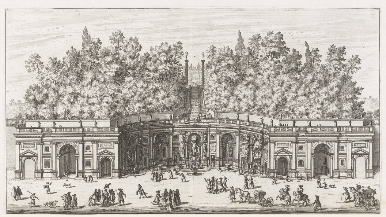 Teatro de las Aguas en de tuinen van de Villa Aldobrandini te Frascati Vista y alzado del gran teatro de agua de Villa Aldobrandina (...) (título sobre objeto) Fuentes de las villas de Frascati (título de la serie) Fonteinen van Frascati (título de la seri de Giovanni Battista Falda