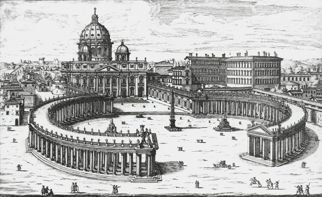 Ciudad del Vaticano, Vista de la Plaza de San Pedro con la Basílica de San Pedro y los Palacios Vaticanos, grabado por Giovanni Battista Falda. 1665 de Giovanni Battista Falda